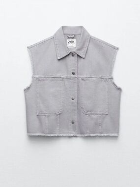 ZARA Grey Frayed-Edge Cropped Denim Vest size small